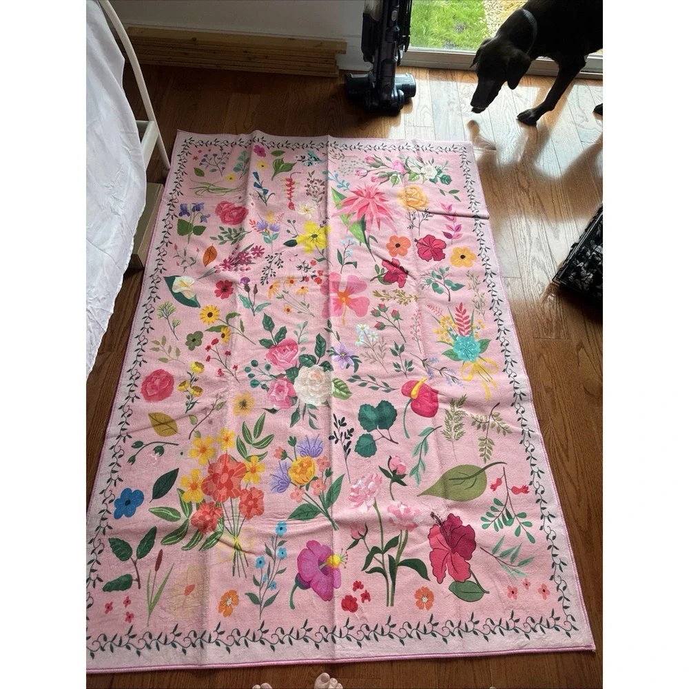 Pink Floral Washable Area Rug 4x6 Pink Rug Boho‎ Ultra-Thin Rugs NEW